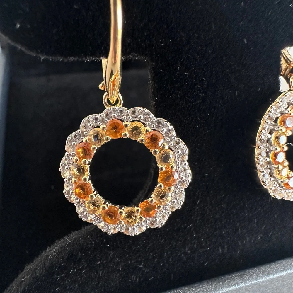 Citrine & White Topaz Circle Drop Earrings in 18K Gold plating over silver - Picture 6 of 8